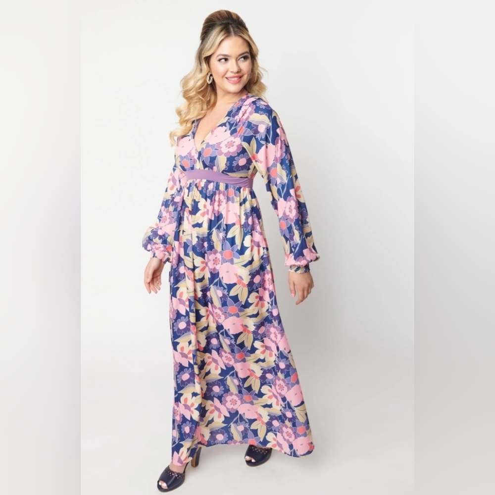 Unique Vintage Colorful Floral Print Buttercup Maxi Dress Size 1X or 16